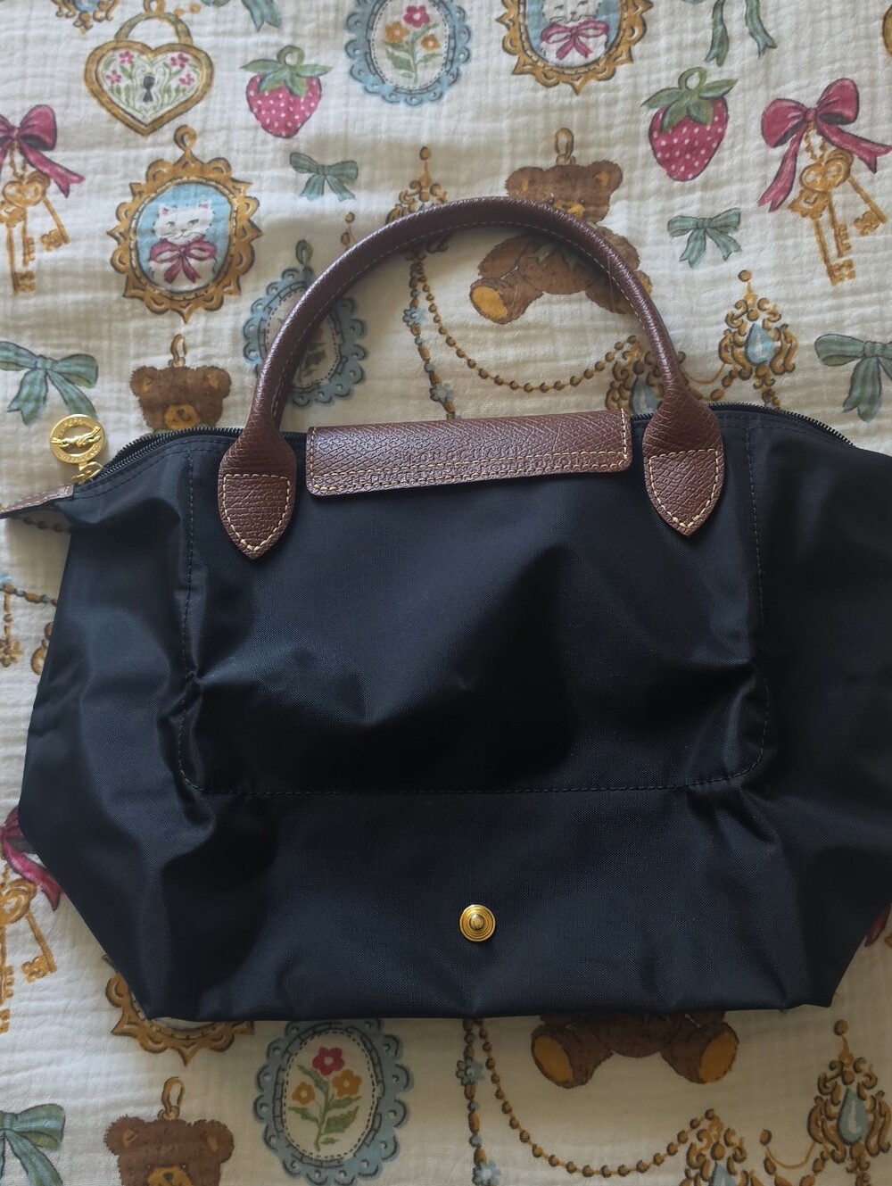 Longchamp Le Pliage Small Nylon Tote in Black with Brown Trim - Picture 9 of 12